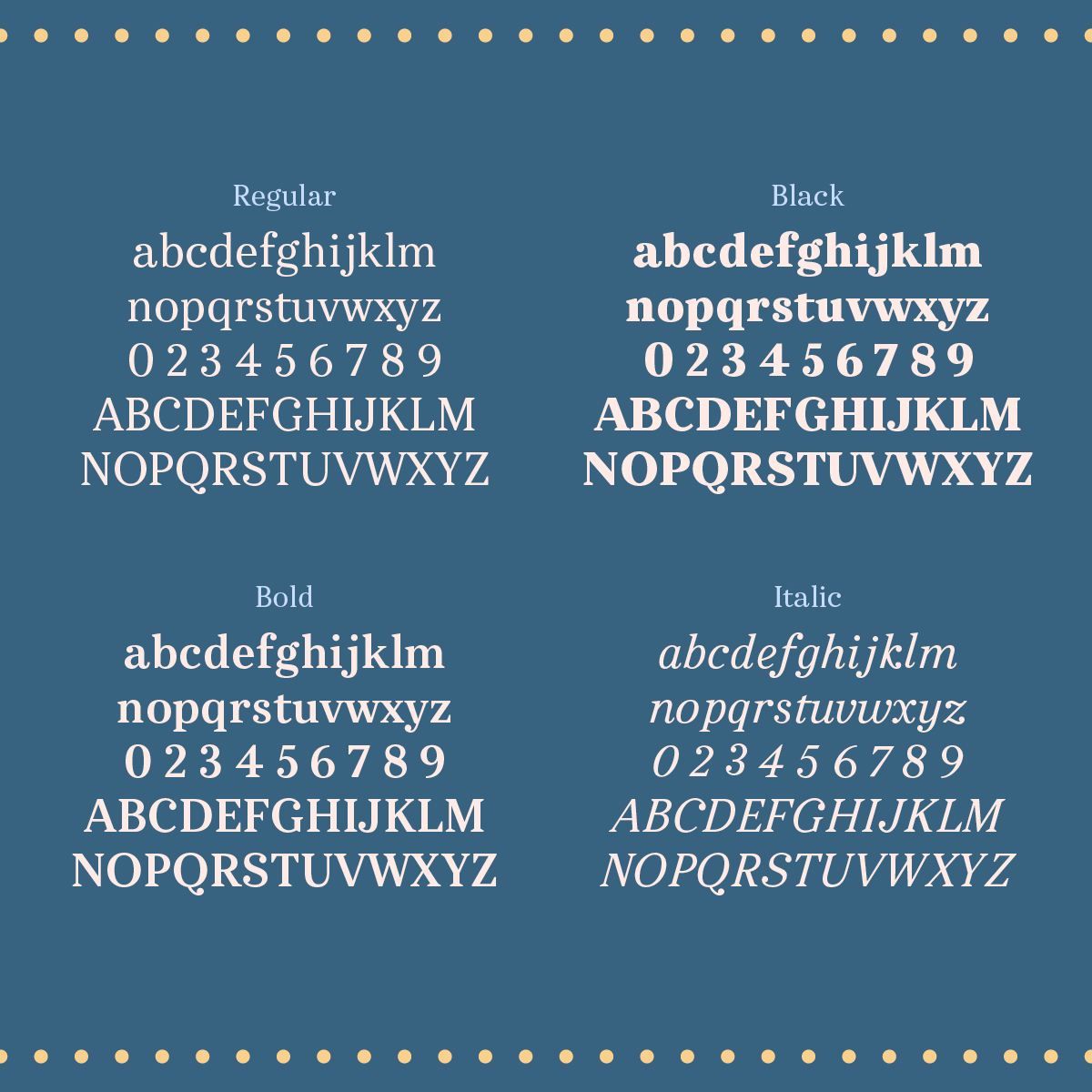 A-Z upper and lowercase and numerals in the regular, bold, black, and italic
